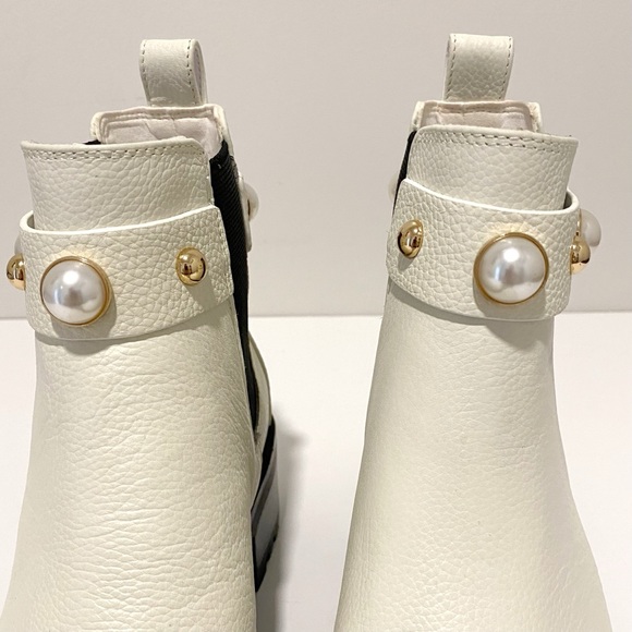 KARL LAGERFELD Pola Leather Off White Pearl Stud Ankle Strap Chelsea Booties NWT - Picture 8 of 16